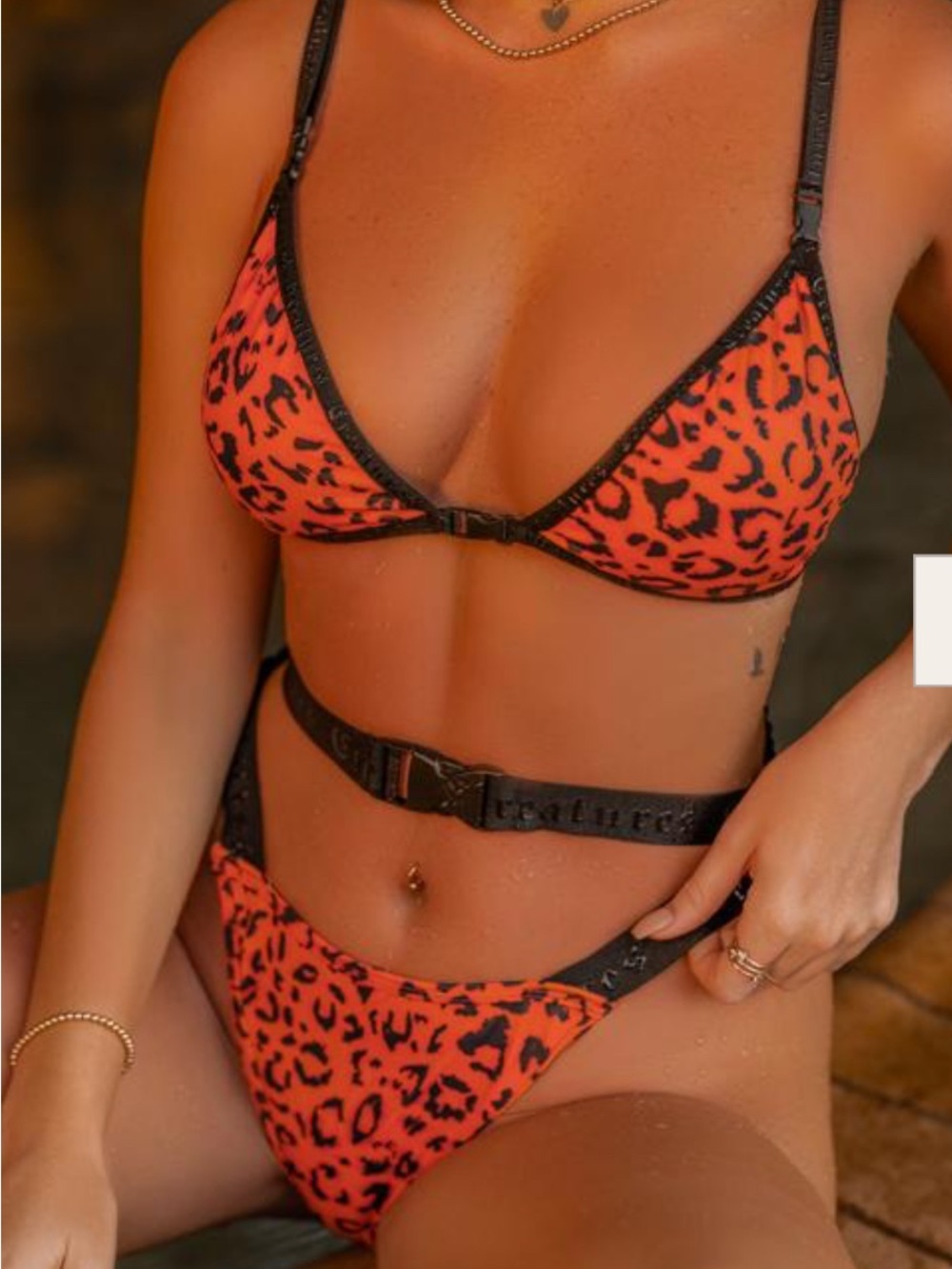 Orange Leopard Print Triangle Bikini - TOP ONLY Black Trim pole dance ballerina